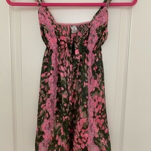 NWT Victoria's Secret Pink and Green Lace Trim Chemise with front ribbon ties
